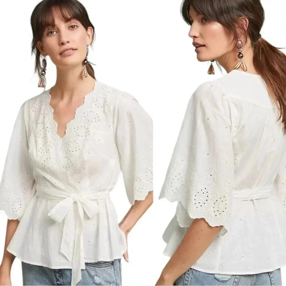 NWT Anthropologie Meadow Rue Boho Eyelet Flare Sleeve White Peasant Wrap Top